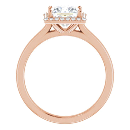Rose Gold Princess Halo Solitaire Engagement Ring. Moissanite  