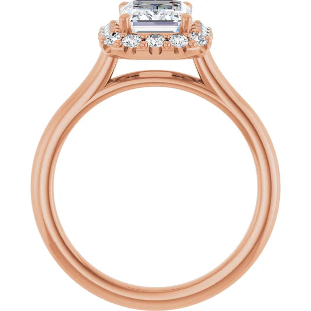 Emerald Halo Solitaire Rose Gold Moissanite Engagement Ring 