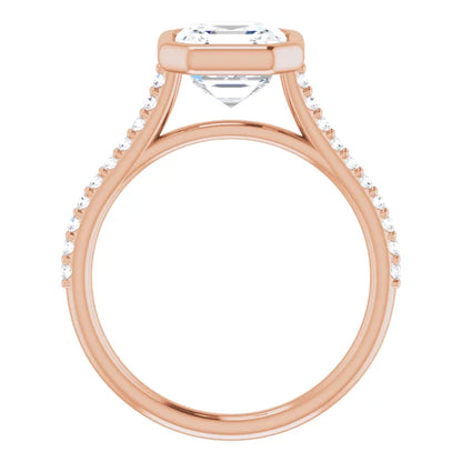Asscher Rose Gold Bezel Pave Moissanite Engagement Ring 