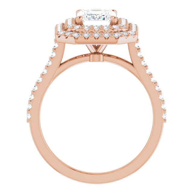 Emerald Double Halo Rose Gold Moissanite Engagement Ring 