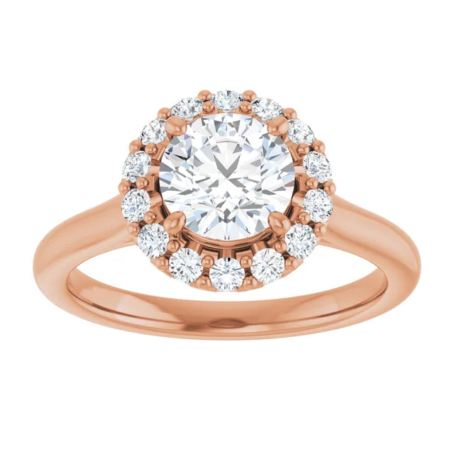 Round Brilliant Halo Solitaire Rose Gold Moissanite Engagement Ring 