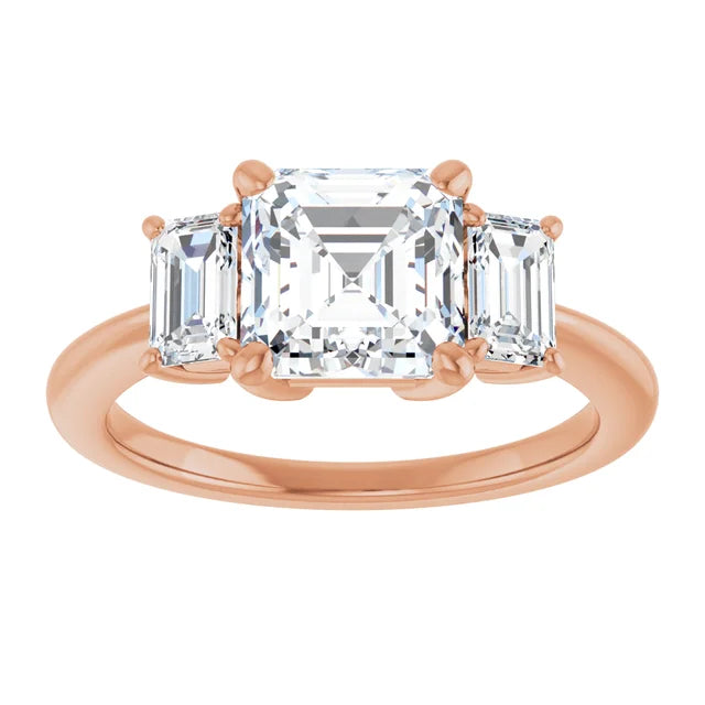 Asscher Rose Gold Tri Stone Moissanite Engagement Ring 
