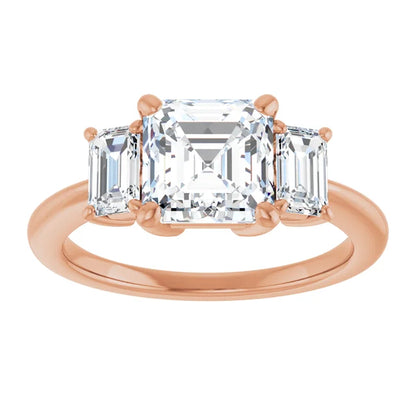 Asscher Rose Gold Tri Stone Moissanite Engagement Ring 