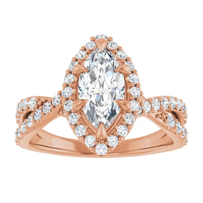 Marquise Rose Gold Twist Band Halo Moissanite Engagement Ring  