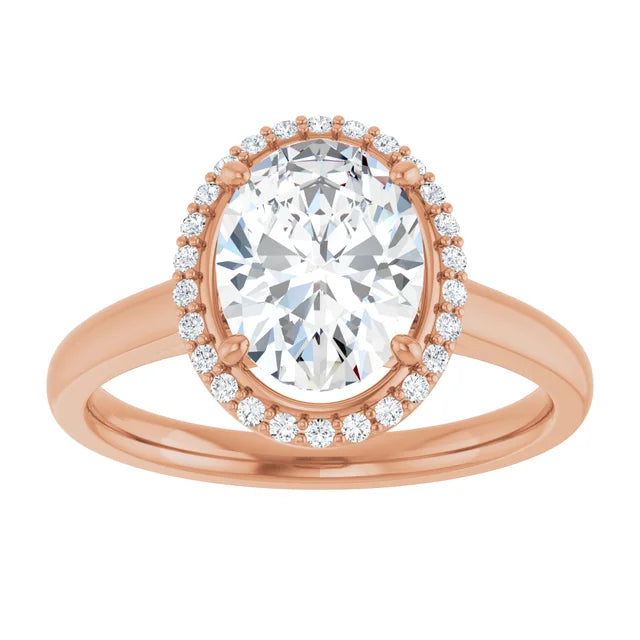 Rose Gold Oval Halo Solitaire Engagement Ring. Moissanite  