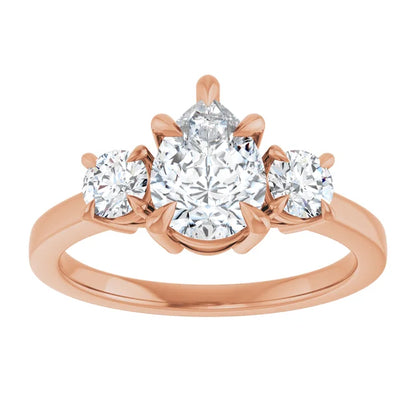 Pear Rose Gold Tri Stone Moissanite Engagement Ring 