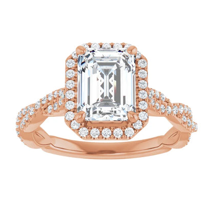 Emerald Rose Gold Halo Twist Pave Moissanite Engagement Ring 