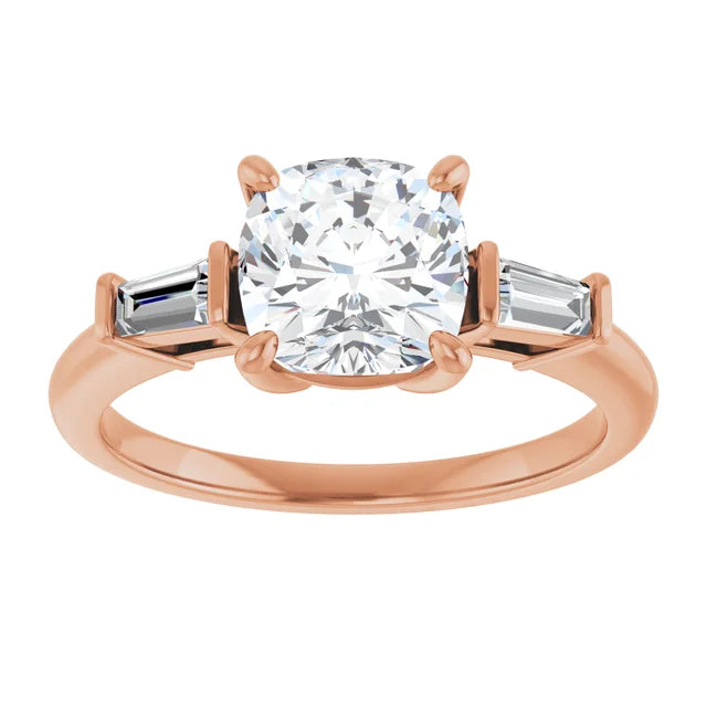 Cushion Rose Gold Baguette Accent Moissanite Engagement Ring 