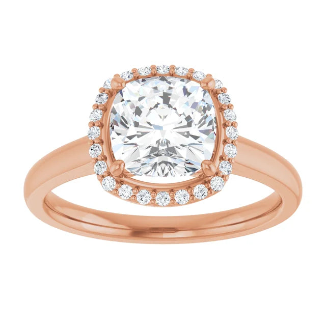 Rose Gold Cushion Halo Solitaire Engagement Ring. Moissanite  