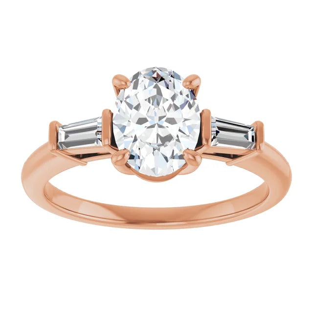 Oval Rose Gold Baguette Accent Moissanite Engagement Ring 