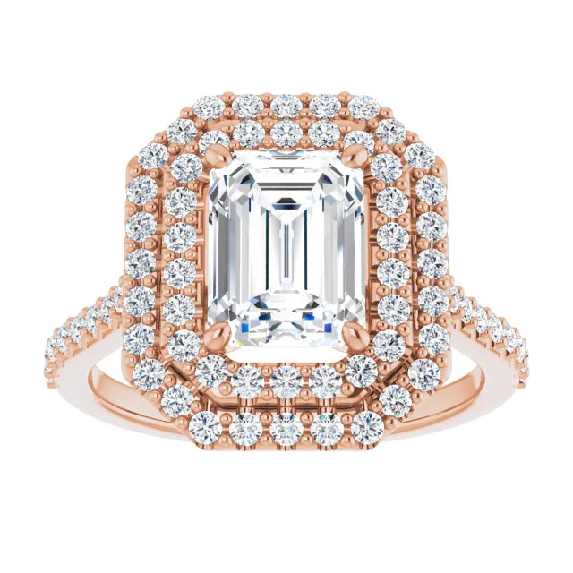Emerald Double Halo Rose Gold Moissanite Engagement Ring 
