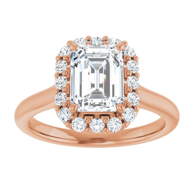 Emerald Halo Solitaire Rose Gold Moissanite Engagement Ring 