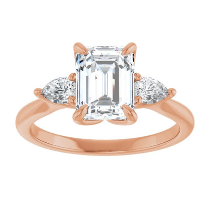 Emerald Tri -Stone Style Pear Accent Engagement Ring