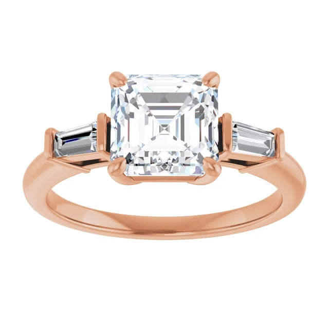 Asscher Rose Gold Baguette Accent Moissanite Engagement Ring 