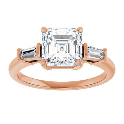 Asscher Rose Gold Baguette Accent Moissanite Engagement Ring 