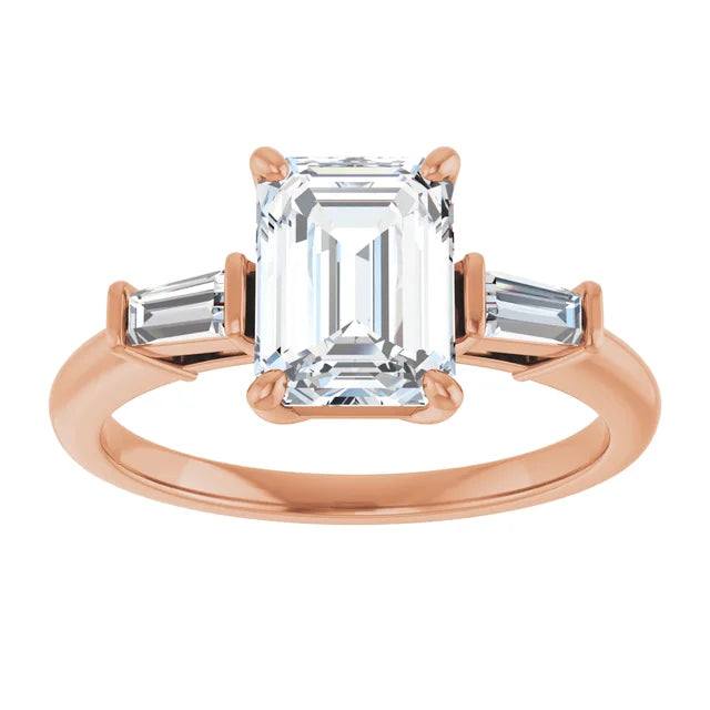 Emerald Rose Gold Baguette Accent Moissanite Engagement Ring 