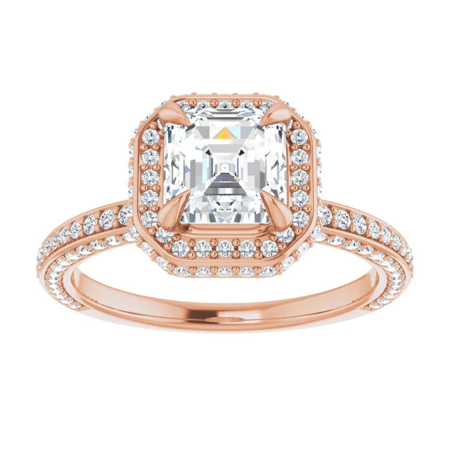 Asscher Rose Gold Halo Pave Style Moissanite Engagement Ring 
