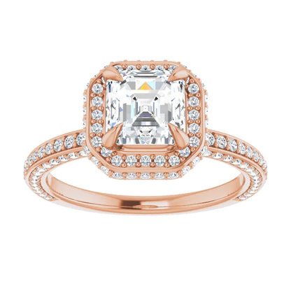 Asscher Rose Gold Halo Pave Style Moissanite Engagement Ring 