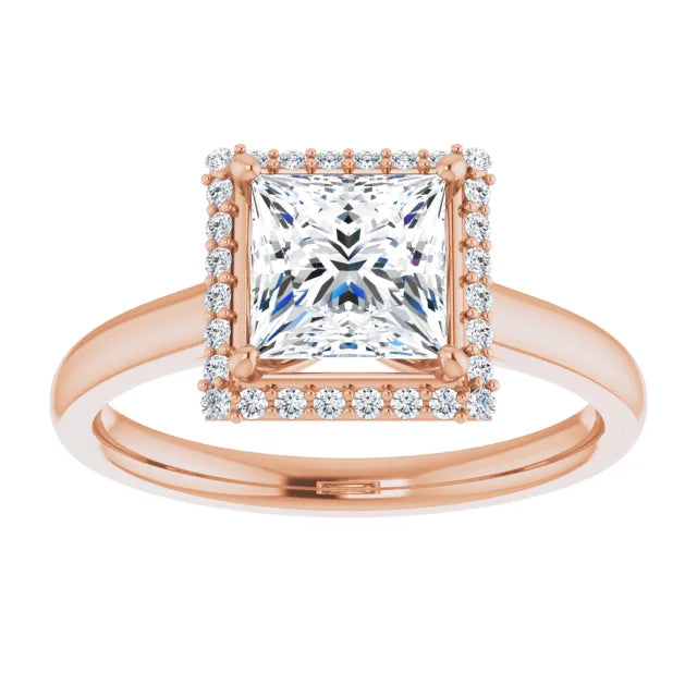 Rose Gold Princess Halo Solitaire Engagement Ring. Moissanite  