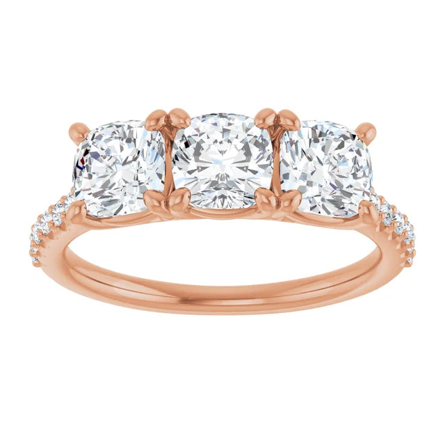 Cushion Tri -Stone Style Engagement Ring