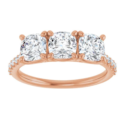 Cushion Tri -Stone Style Engagement Ring
