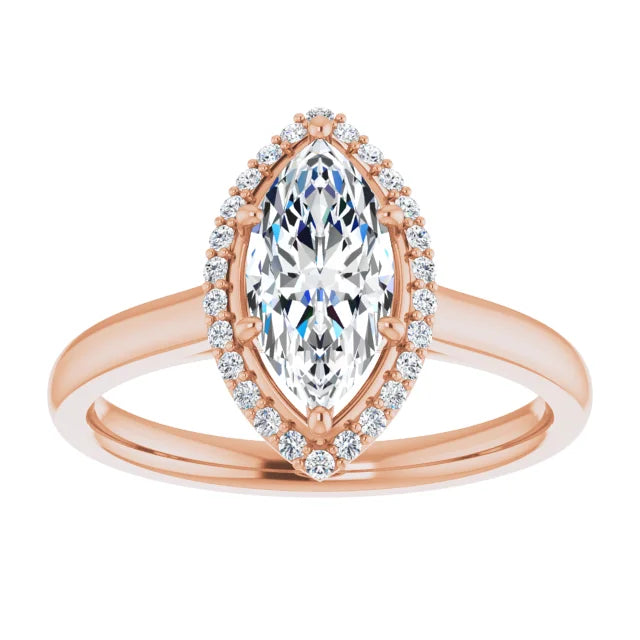 Rose Gold Marquise Halo Solitaire Engagement Ring. Moissanite 