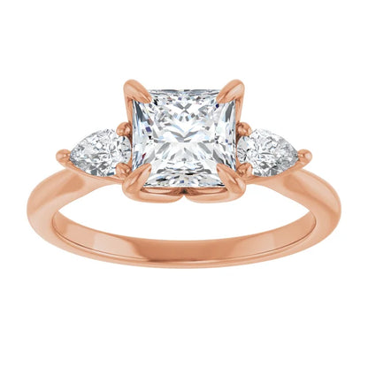 Princess Tri -Stone Style Pear Accent Engagement Ring