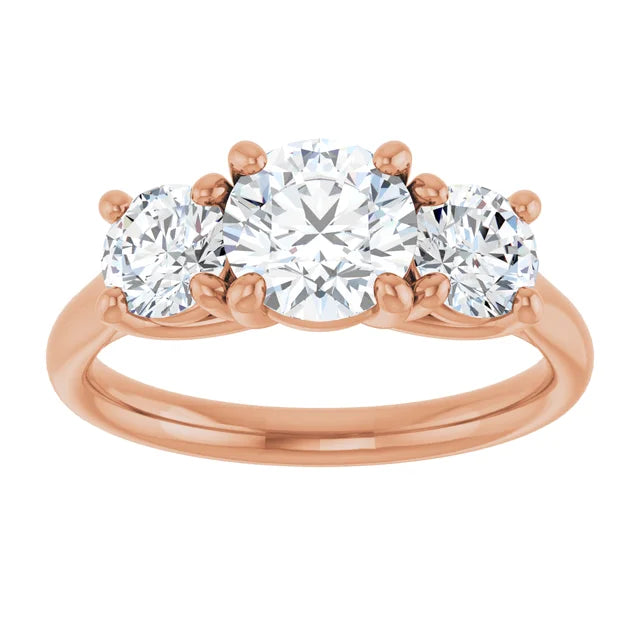 Round Brilliant Rose Gold Tri Stone Moissanite Engagement Ring