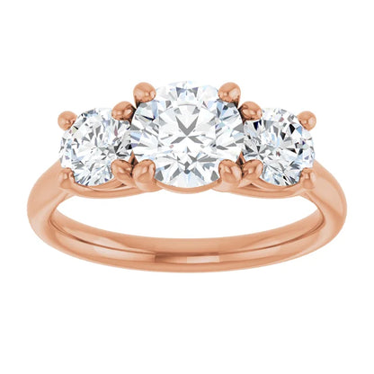 Round Brilliant Rose Gold Tri Stone Moissanite Engagement Ring