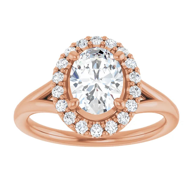 Oval Rose Gold Halo Solitaire Split Band Moissanite Engagement Ring 