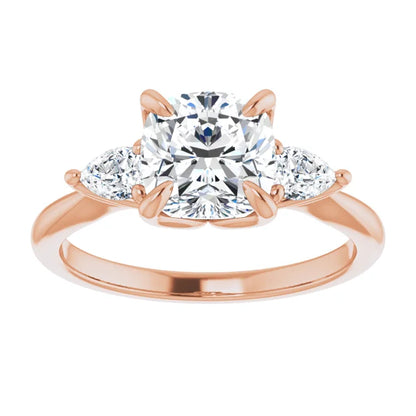 Cushion Tri -Stone Style Pear Accent Engagement Ring