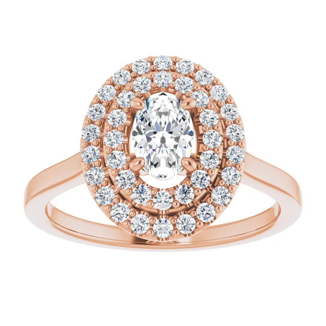 Oval Rose Gold Double Halo Solitaire Moissanite Engagement Ring 