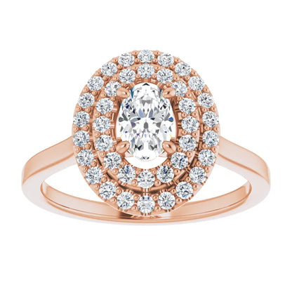 Oval Rose Gold Double Halo Solitaire Moissanite Engagement Ring 