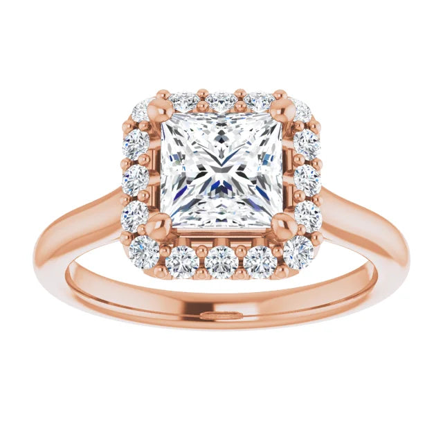 Princess Halo Solitaire Rose Gold Moissanite Engagement Ring 