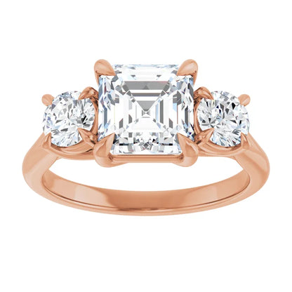 Asscher Rose Gold Tri Stone Moissanite Engagement Ring 