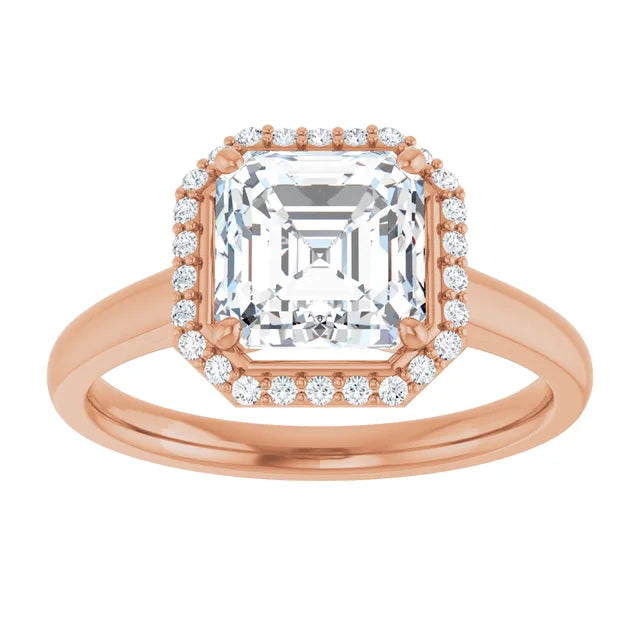 Asscher Halo Solitaire Engagement Ring Rose Gold. Moissanite