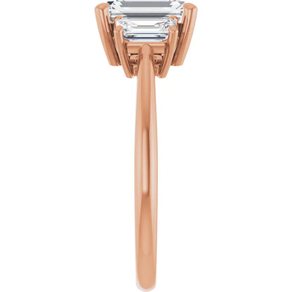 Emerald Rose Gold Tri Stone Moissanite Engagement Ring 