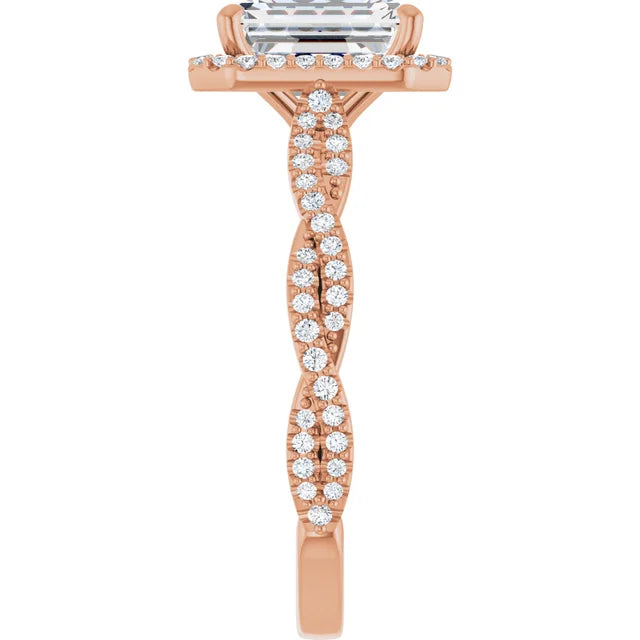 Emerald Rose Gold Halo Twist Pave Moissanite Engagement Ring 