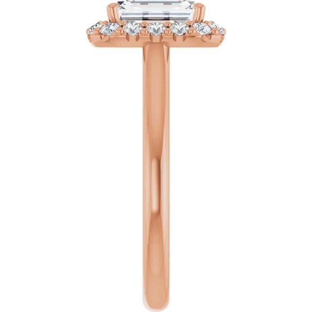 Emerald Halo Solitaire Rose Gold Moissanite Engagement Ring 