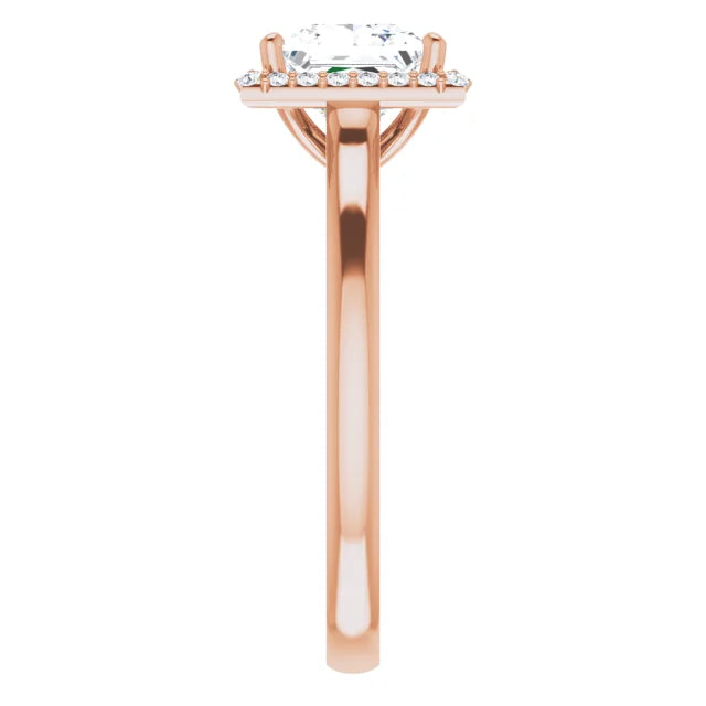 Rose Gold Princess Halo Solitaire Engagement Ring. Moissanite  