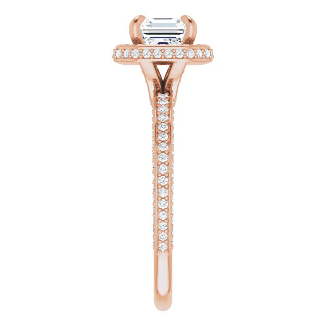 Asscher Rose Gold Halo Pave Style Moissanite Engagement Ring 