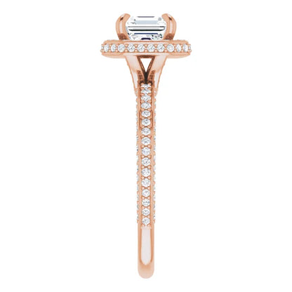 Asscher Rose Gold Halo Pave Style Moissanite Engagement Ring 