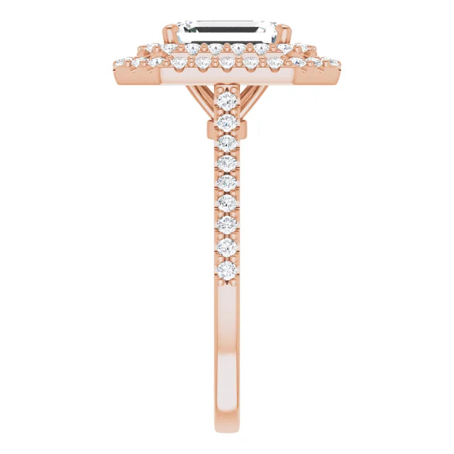 Emerald Double Halo Rose Gold Moissanite Engagement Ring 