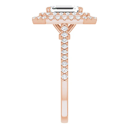 Emerald Double Halo Rose Gold Moissanite Engagement Ring 