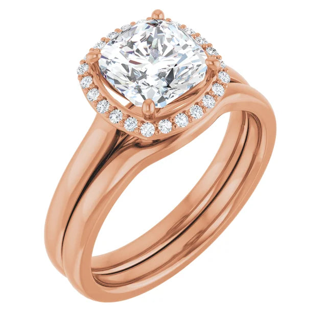 Rose Gold Cushion Halo Solitaire Engagement Ring. Moissanite  