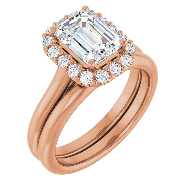 Emerald Halo Solitaire Rose Gold Moissanite Engagement Ring 