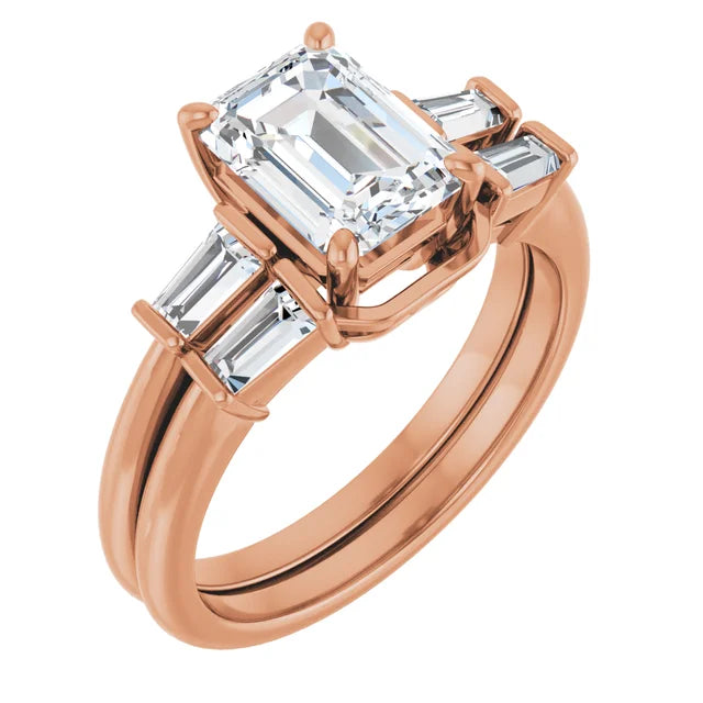 Emerald Rose Gold Baguette Accent Moissanite Engagement Ring 