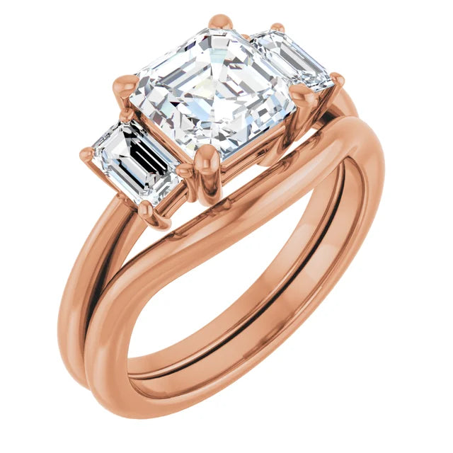 Asscher Rose Gold Tri Stone Moissanite Engagement Ring 