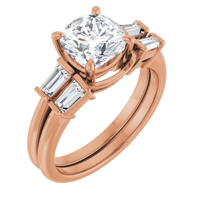 Cushion Rose Gold Baguette Accent Moissanite Engagement Ring 