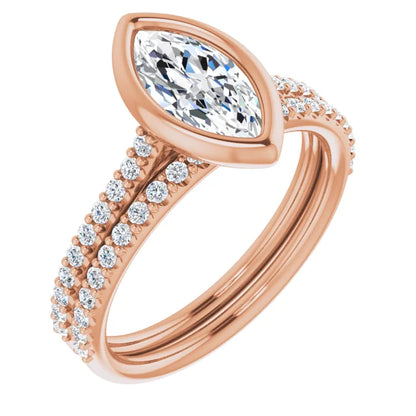 Marquise Rose Gold Bezel Pave Moissanite Engagement Ring 